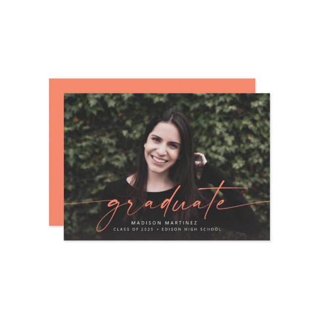 Coral Graduate Script Graduation Announcement (Front/Back In Situ)