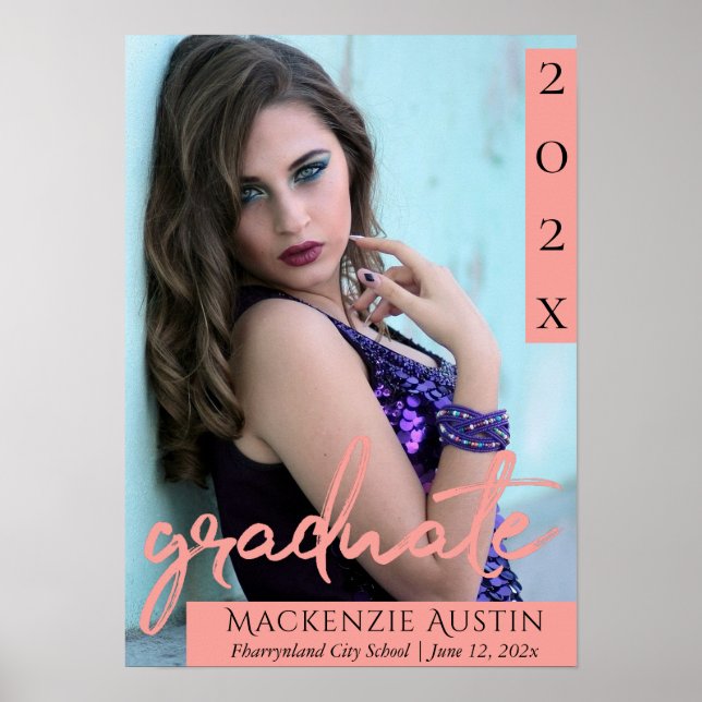 Coral Graduate | Trendy Grad Brush Script Photo Poster (Front)