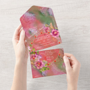 Coral, Grass & Peony-pink Blooms All In One Invita Invitation