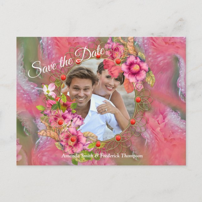 Coral, Grass & Peony-pink Blooms Announcement Postcard (Front)