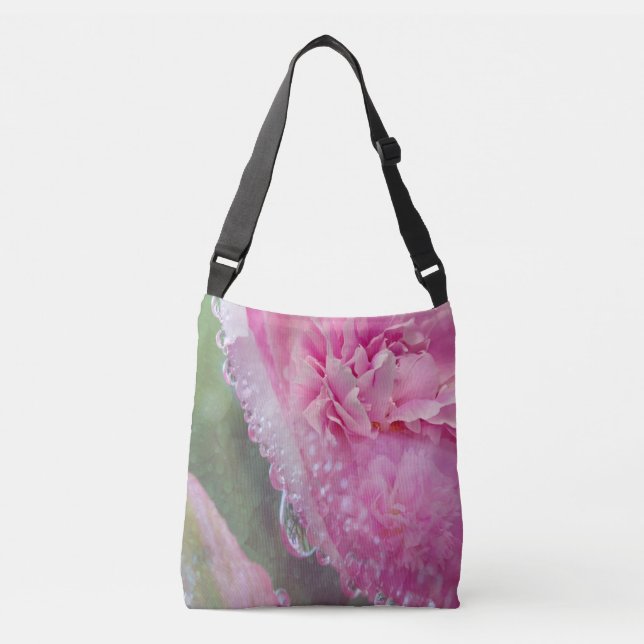 Coral, Grass & Peony-pink Blooms Crossbody Bag (Front)