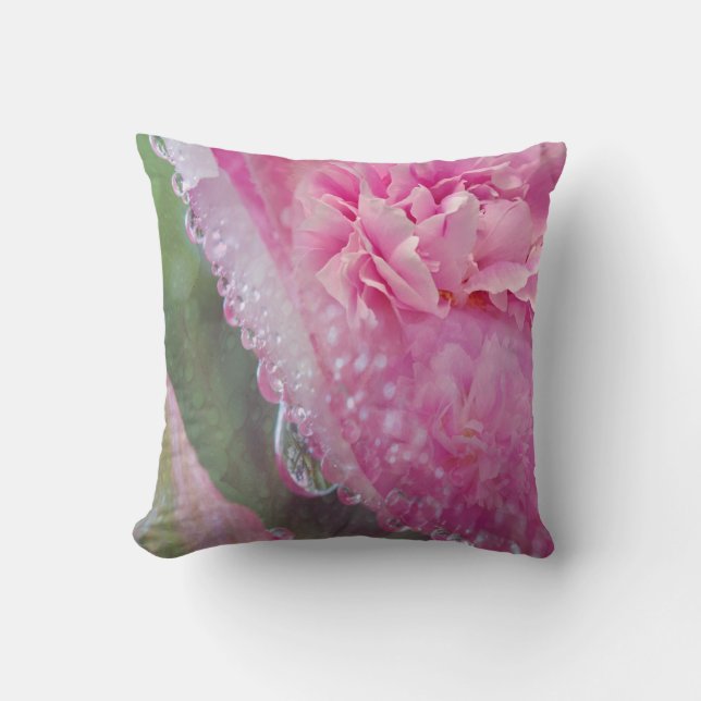 Coral, Grass & Peony-pink Blooms Cushion (Front)