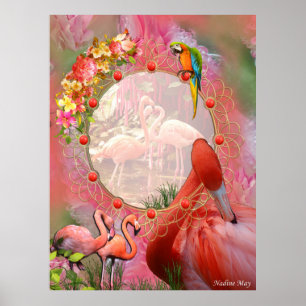 Coral, Grass,Peony-pink Blooms & Flamingos Poster