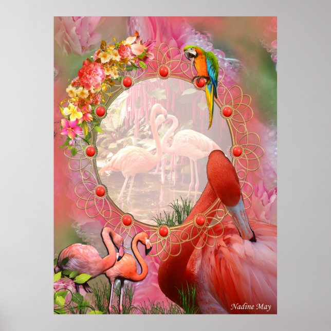 Coral, Grass,Peony-pink Blooms & Flamingos Poster (Front)