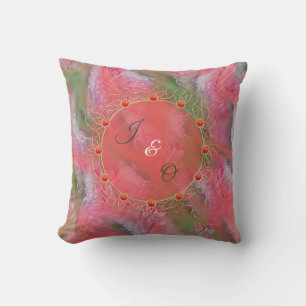 Coral, Grass & Peony-pink Blooms Throw Pillow