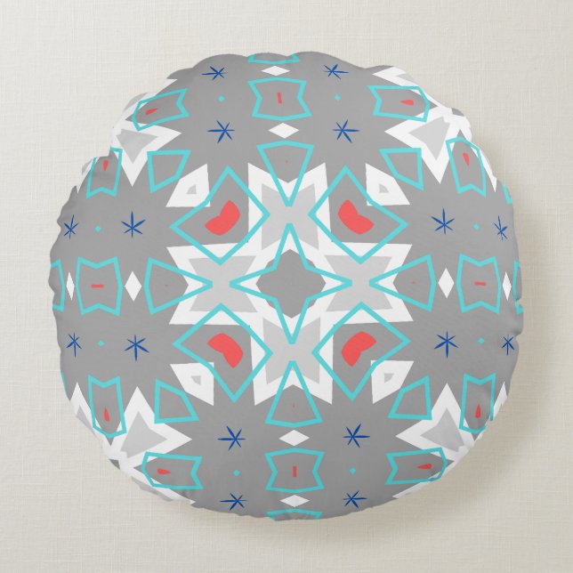 Coral Gray Mandala Pattern | Geometric Floral Boho Round Cushion (Front)