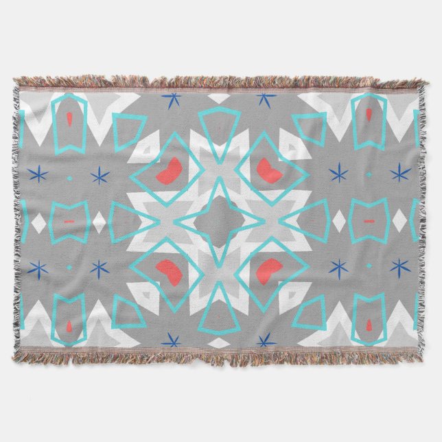 Coral Gray Mandala Pattern | Geometric Floral Boho Throw Blanket (Front)
