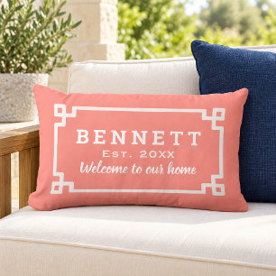 Coral Greek Key Monogram Welcome Lumbar Cushion