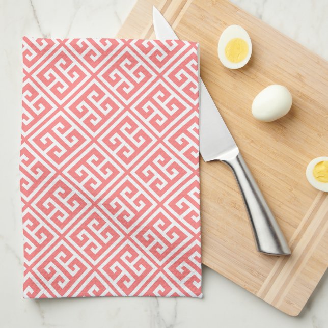 Coral Greek Key Pattern Tea Towel (Quarter Fold)