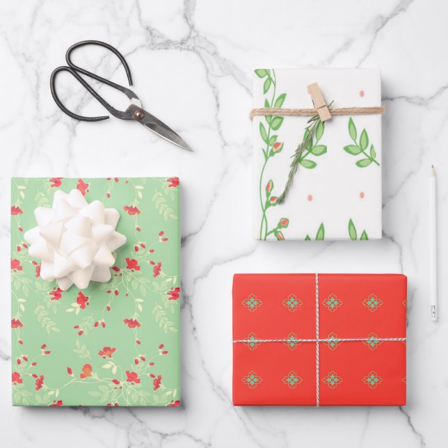 Coral, Green and White Floral Wrapping Paper Sheet (Front)