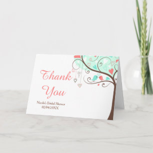 Coral & Green Floral Bird Bridal Shower Thank You Card