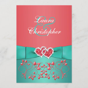 Coral Green Floral Joined Hearts Wedding Invite 2