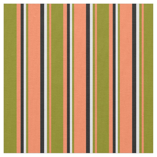Coral, Green, Lavender & Black Coloured Lines Fabric (Close Up)