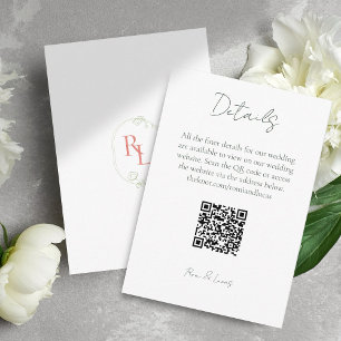 Coral & Green Monogram Wedding Details QR code  Enclosure Card