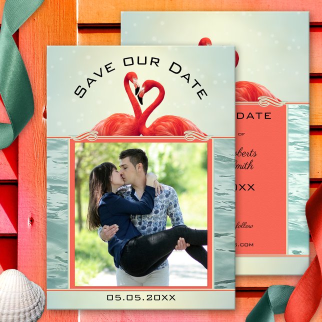 Coral Green Photo Flamingo Save the Date Card (Save the Date card featuring your photo on a flamingo and ocean themed coral and teal design)