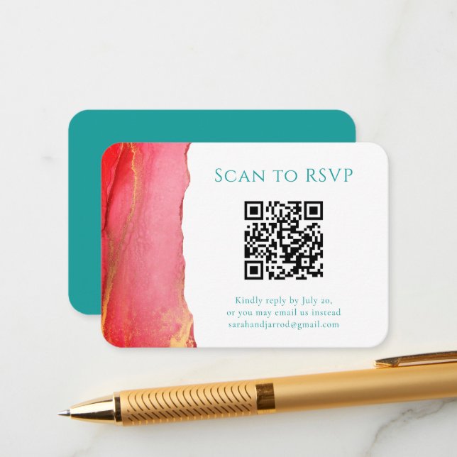 Coral Green QR Code Wedding RSVP Enclosure Card (Front/Back In Situ)