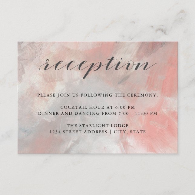 Coral Grey Abstract Brushstrokes Wedding Reception Enclosure Card (Front)