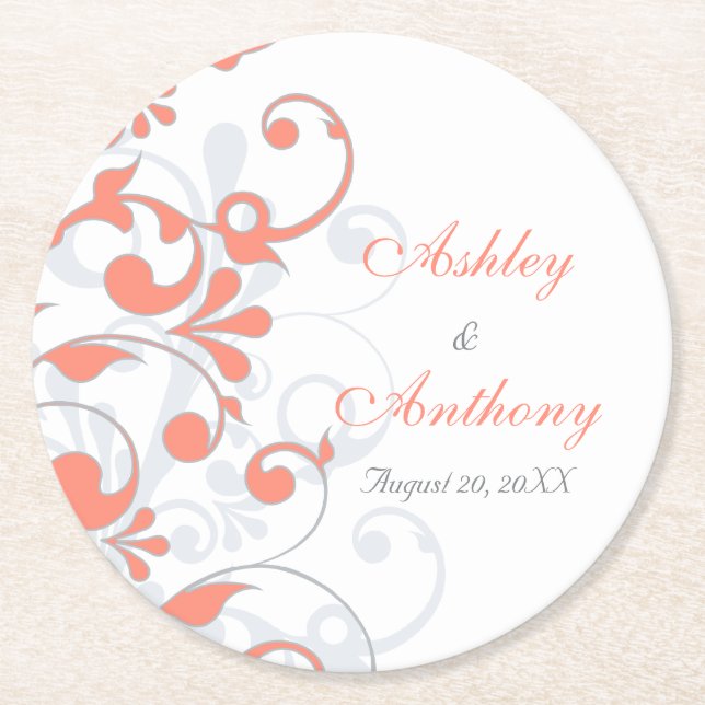 Coral Grey Abstract Floral Personalised Wedding Round Paper Coaster (Front)