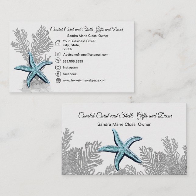 Coral Grey Blue Starfish  Simple Coastal Business Card (Front/Back)