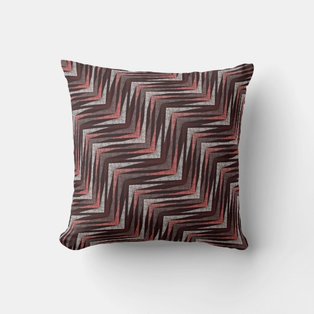 Coral, grey, brown zigzag pattern. cushion (Front)