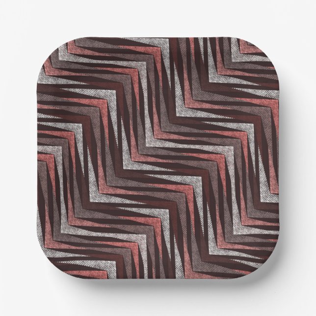 Coral, grey, brown zigzag pattern. paper plate (Front)