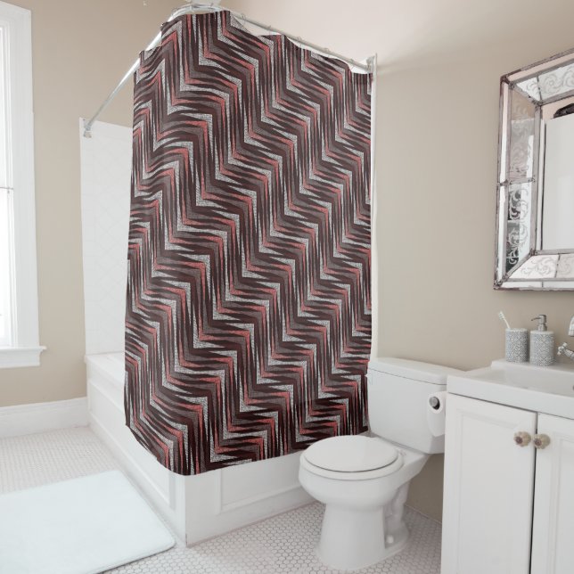 Coral, grey, brown zigzag pattern. shower curtain (In Situ)