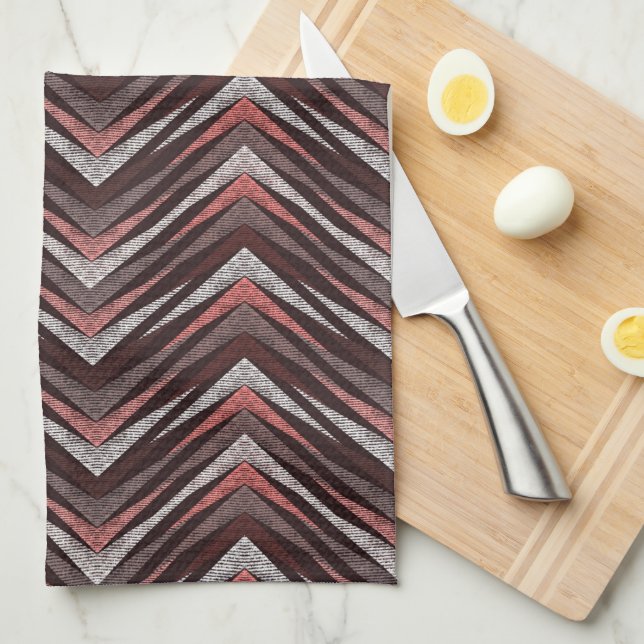 Coral, grey, brown zigzag pattern. tea towel (Quarter Fold)