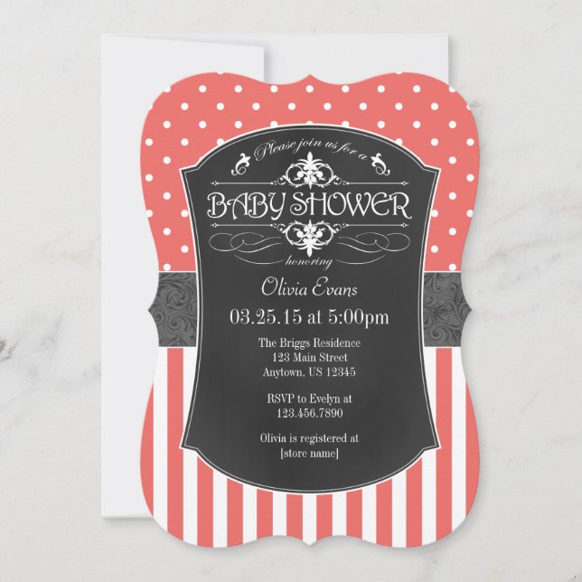 Coral Grey Chalkboard Stripes Baby Shower Invite (Front)
