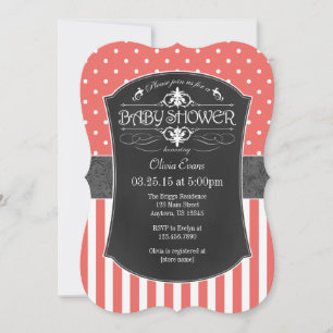 Coral Grey Chalkboard Stripes Baby Shower Invite