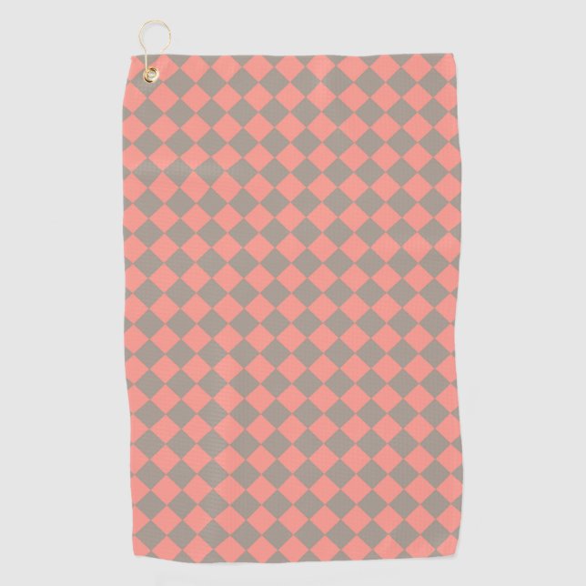 Coral Grey Chequered Diamond Pattern Golf Towel (Front)
