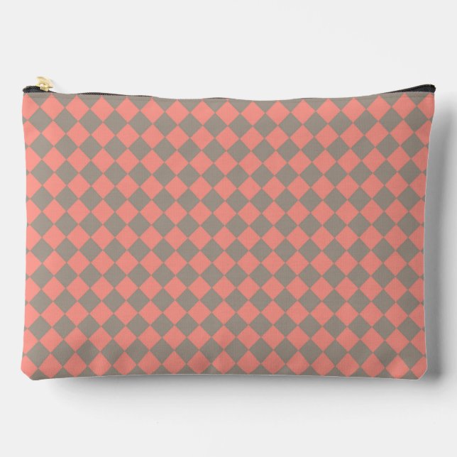 Coral Grey Chequered Diamond Pattern Large Accessory Pouch (Front)