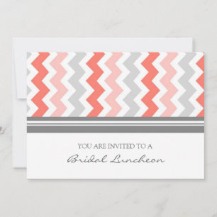 Coral Grey Chevron Bridal Lunch Invitation Cards