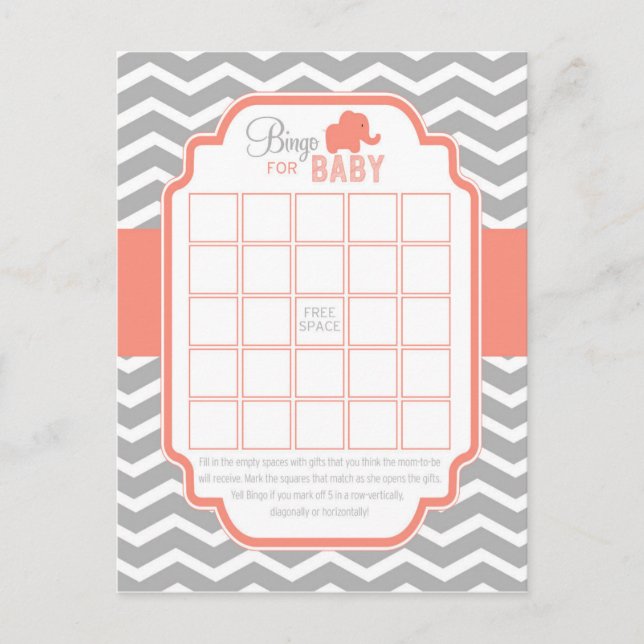 Coral Grey Chevron Elephant Bingo Baby Shower Game Invitation Postcard (Front)