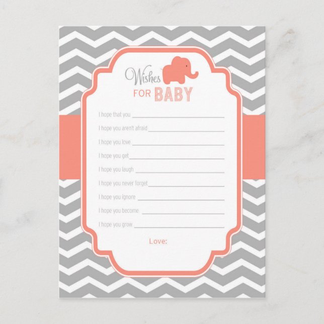 Coral Grey Chevron Elephant Wishes for Baby Card (Front)