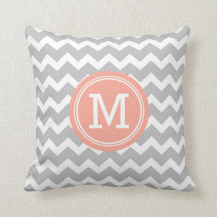 Coral Grey Chevron Monogram Decorative Pillow