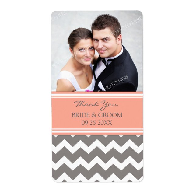 Coral Grey Chevron Photo Wedding Labels (Front)
