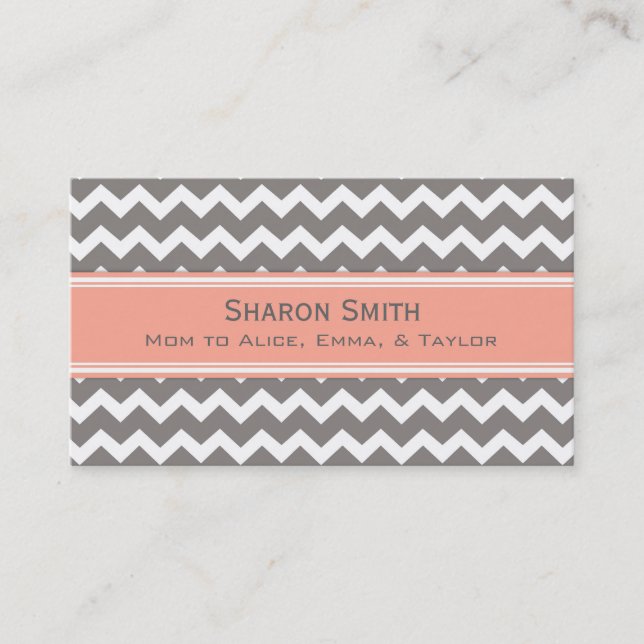Coral Grey Chevron Retro Mum Calling Cards (Front)