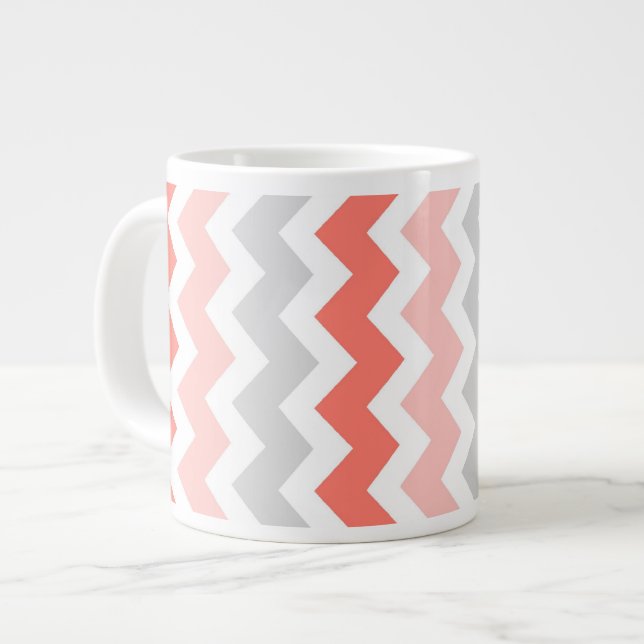 Coral Grey Chevrons Jumbo Coffee Mug (Front Left)