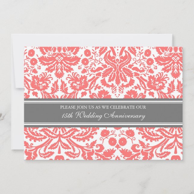 Coral Grey Damask 15th Anniversary Invitation (Front)