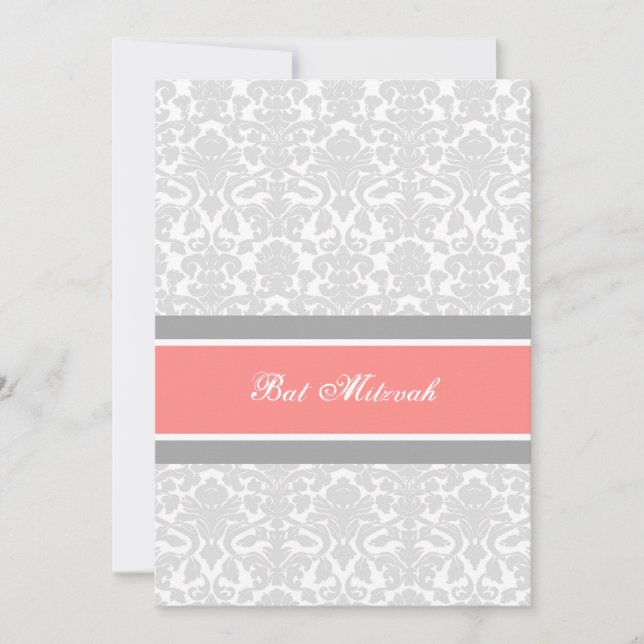 Coral Grey Damask Bat Mitzvah Invitations (Front)