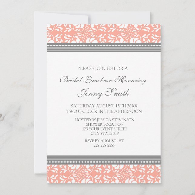 Coral Grey Damask Bridal Lunch Invitation Cards (Back)