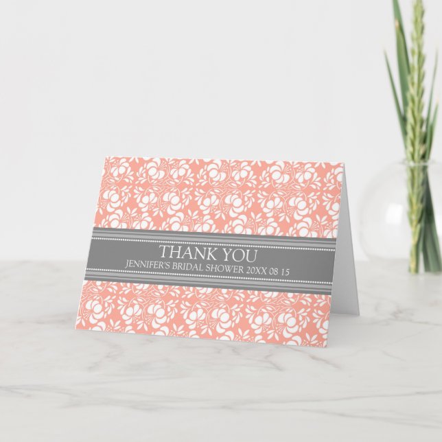 Coral Grey Damask Bridal Shower Thank You Card (Front)