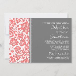 Coral Grey Damask Custom Baby Shower Invitations