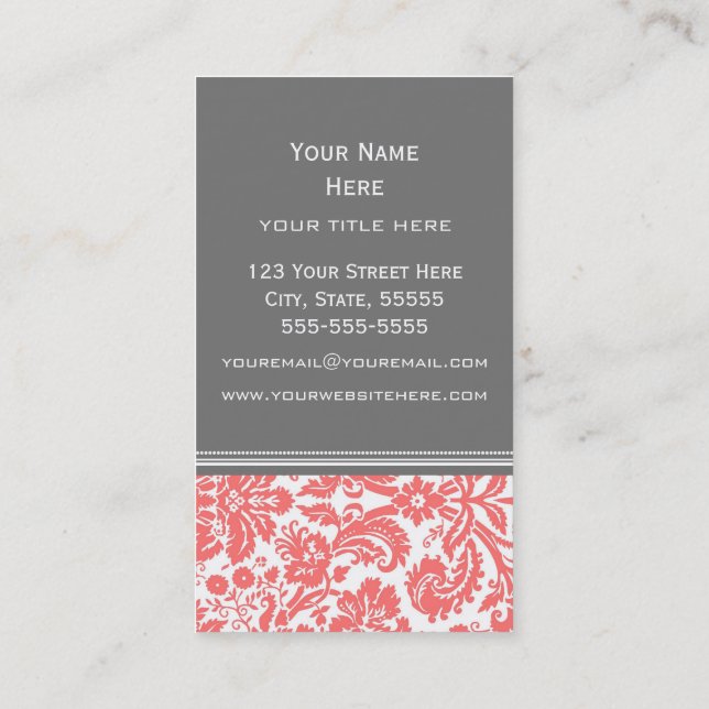 Coral Grey Damask Floral Business Cards (Back)