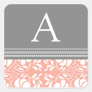 Coral Grey Damask Monogram Envelope Seal