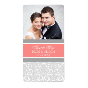 Coral Grey Damask Photo Wedding Labels