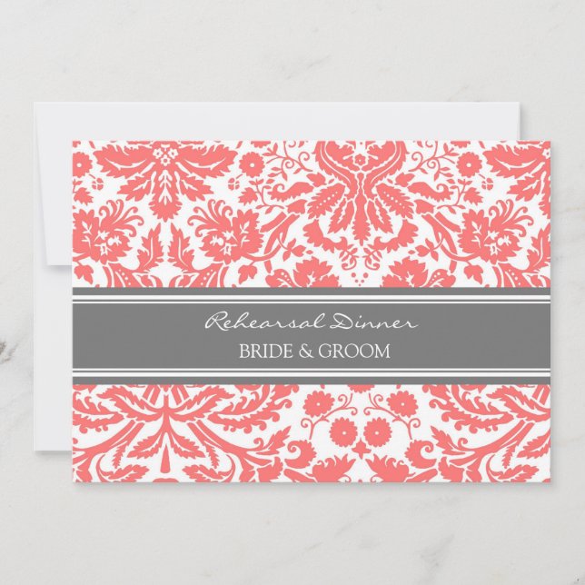 Coral Grey Damask Rehearsal Dinner Party Invitation (Front)