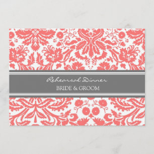 Coral Grey Damask Rehearsal Dinner Party Invitation