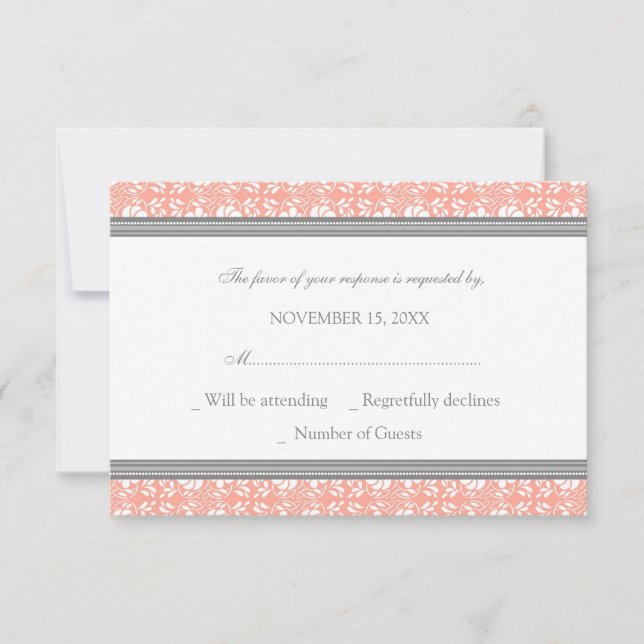 Coral Grey Damask RSVP Wedding Card (Front)