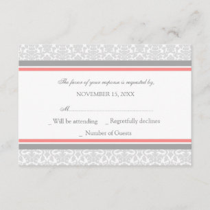 Coral Grey Damask RSVP Wedding Card